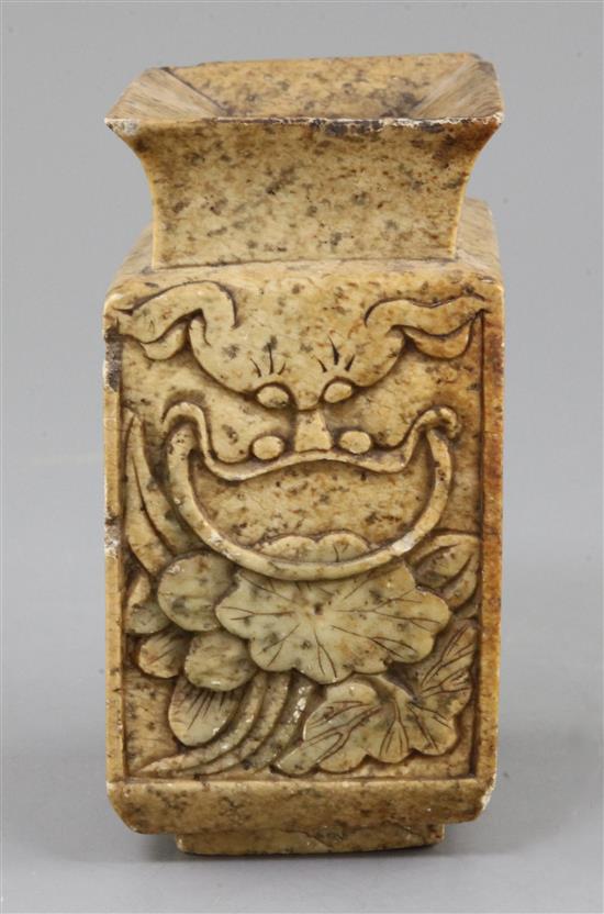 A Chinese soapstone vase, Fanghu, Qing dynasty, 17cm high, some small chips